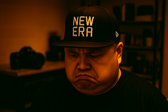 実写風のアイキャッチ画像。テーマは「顔がデカいのに小さいNEW ERAキャップをかぶってしまった物欲オジ」。物欲オジ世界観(黒×オレンジの秘密基地ライティング)を維持しつつ、スマホ表示でも暗すぎないように“少し明るめ”に調整。人物なし。文字なし。構図は、秘密基地の机の上に小さめのNEW ERAキャップが置かれており、隣に大きめのヘッドマネキン(顔の模型)がある。キャップが明らかにサイズ不足で、違和感があるように見える。ロゴは写さない。背景には棚や工具がぼんやりと見え、秘密基地感を演出。左上に文字を入れやすい明るめの余白、右下にロゴ用余白を確保。全体は1200×600pxの横長構図。物欲オジ世界観を保ちながら、光量を少し上げて視認性を改善。