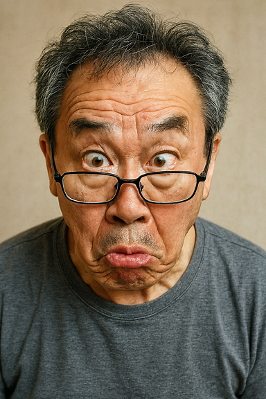 老眼の人が眼鏡を外して上目遣いで眼鏡の上から覗き込んでいる、面白い表情の実写風イラスト。黒とオレンジの秘密基地ライティングで、物欲オジ世界観。人物の顔はコミカルに歪んだ“面白顔”。文字なし、ロゴなし。