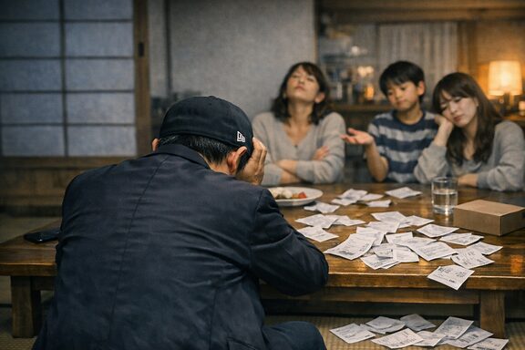 家族シリーズの実写風イラスト。テーマ: 家族にあきれられている物欲オジの後ろ姿。Scene: A middle-aged man seen from behind, standing in a dimly lit living room. He wears a黒いジャケットと少し曲がったNEW ERAキャップ。テーブルの上には大量のレシートが散らばっている。家族の姿は映さず、空気感だけで“あきれられている”雰囲気を表現。Lighting: 暖色照明＋黒×オレンジの秘密基地ライティング。Composition: 1200x600 horizontal。文字なし。